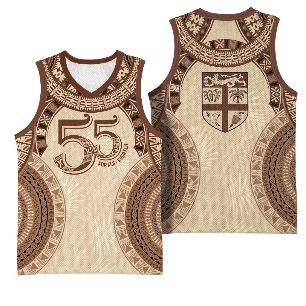 Bula Fiji Day 55th Anniversary Masi Tapa Basketball Jersey Emerald Jubilee - Beige - Polynesian Pride