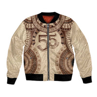Bula Fiji Day 55th Anniversary Masi Tapa Bomber Jacket Emerald Jubilee - Beige - Polynesian Pride
