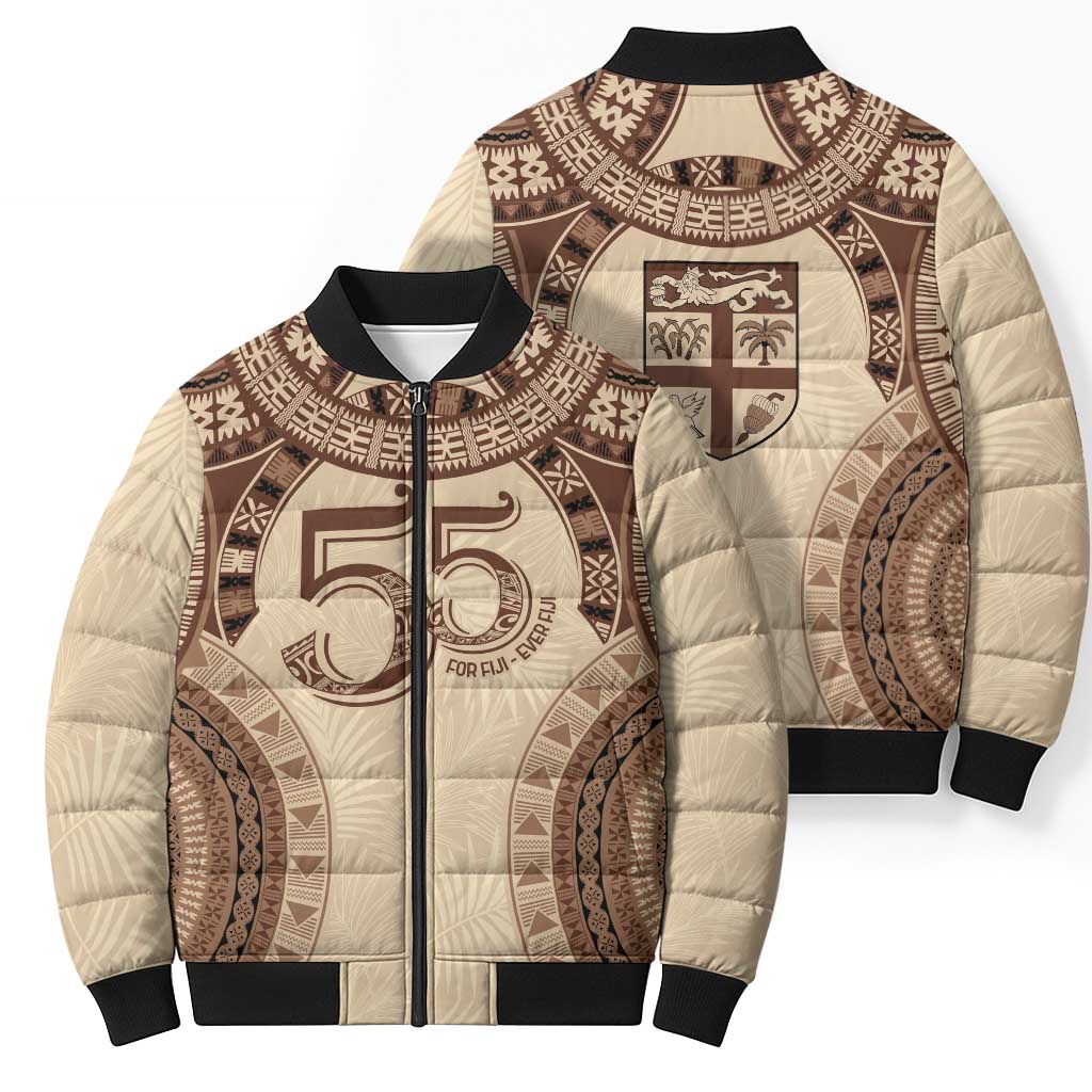 Bula Fiji Day 55th Anniversary Masi Tapa Bomber Puffer Jacket Emerald Jubilee - Beige - Polynesian Pride