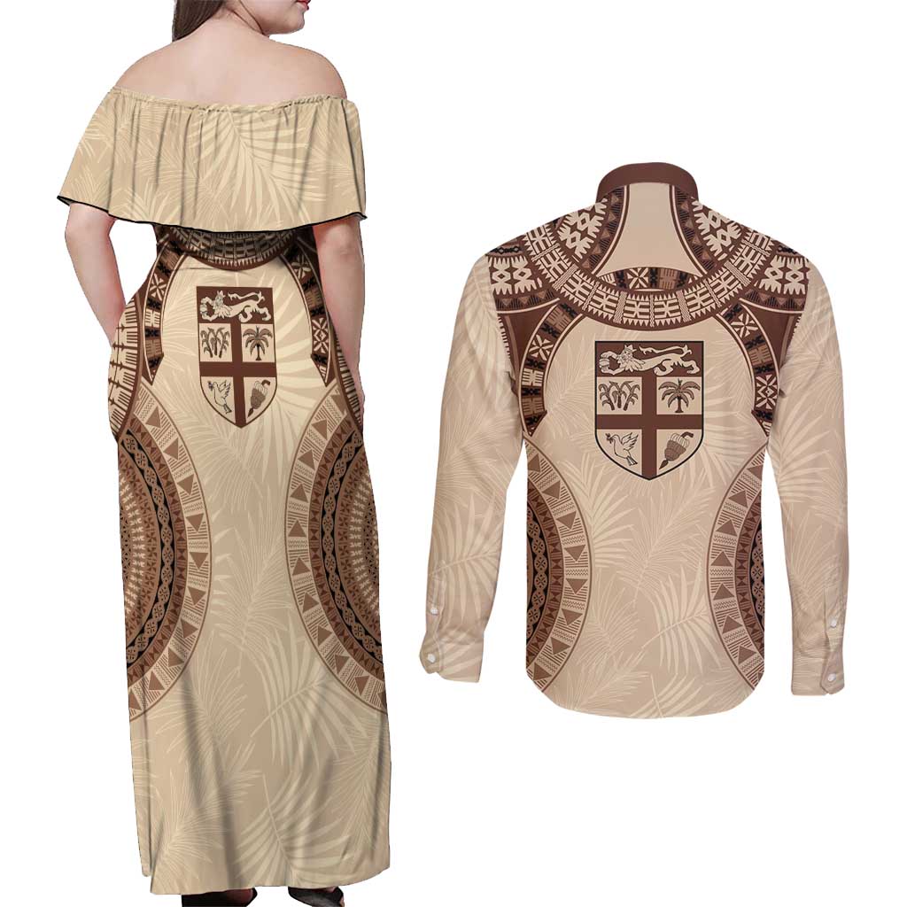 Bula Fiji Day 55th Anniversary Masi Tapa Couples Matching Off Shoulder Maxi Dress and Long Sleeve Button Shirt Emerald Jubilee - Beige - Polynesian Pride