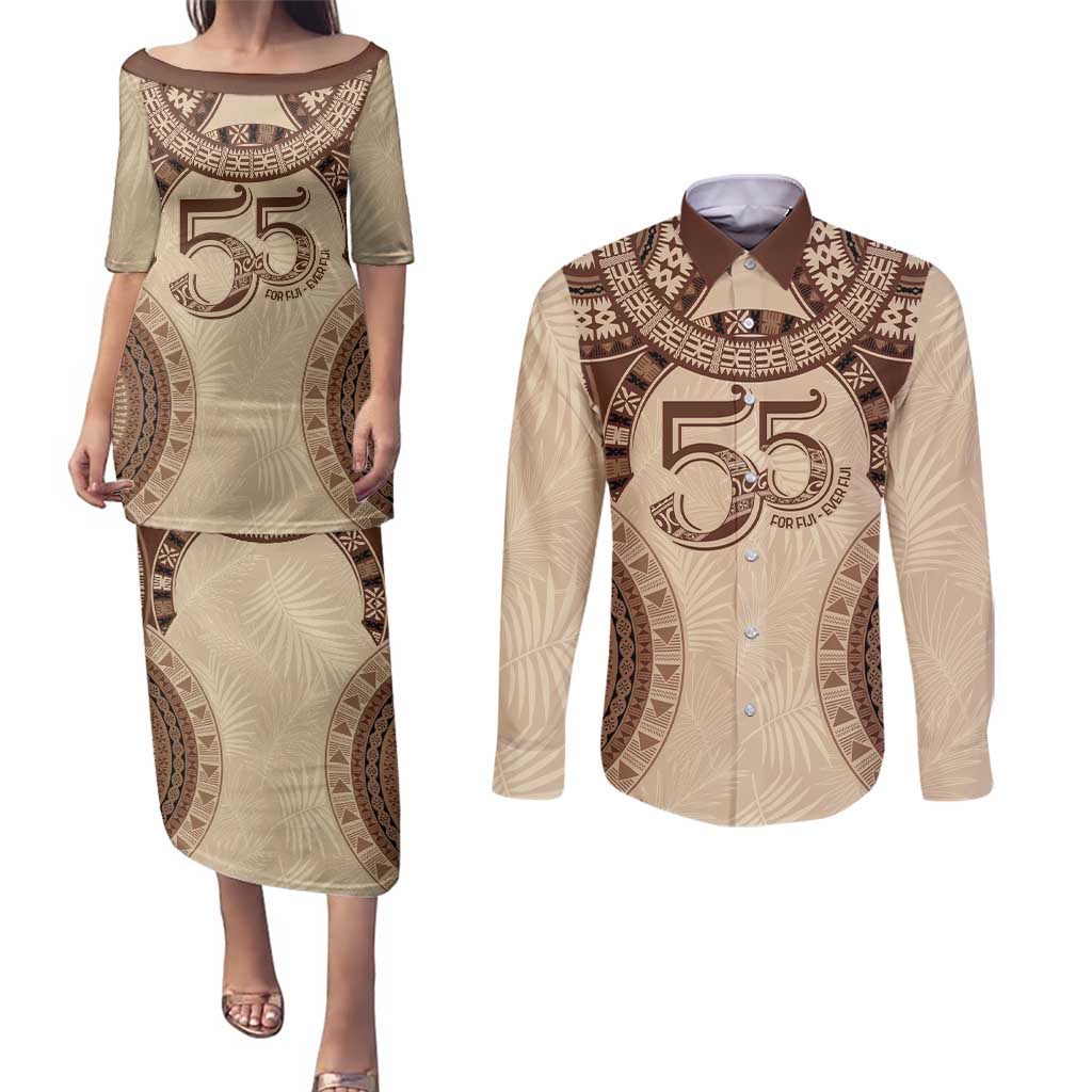 Bula Fiji Day 55th Anniversary Masi Tapa Couples Matching Puletasi and Long Sleeve Button Shirt Emerald Jubilee - Beige - Polynesian Pride