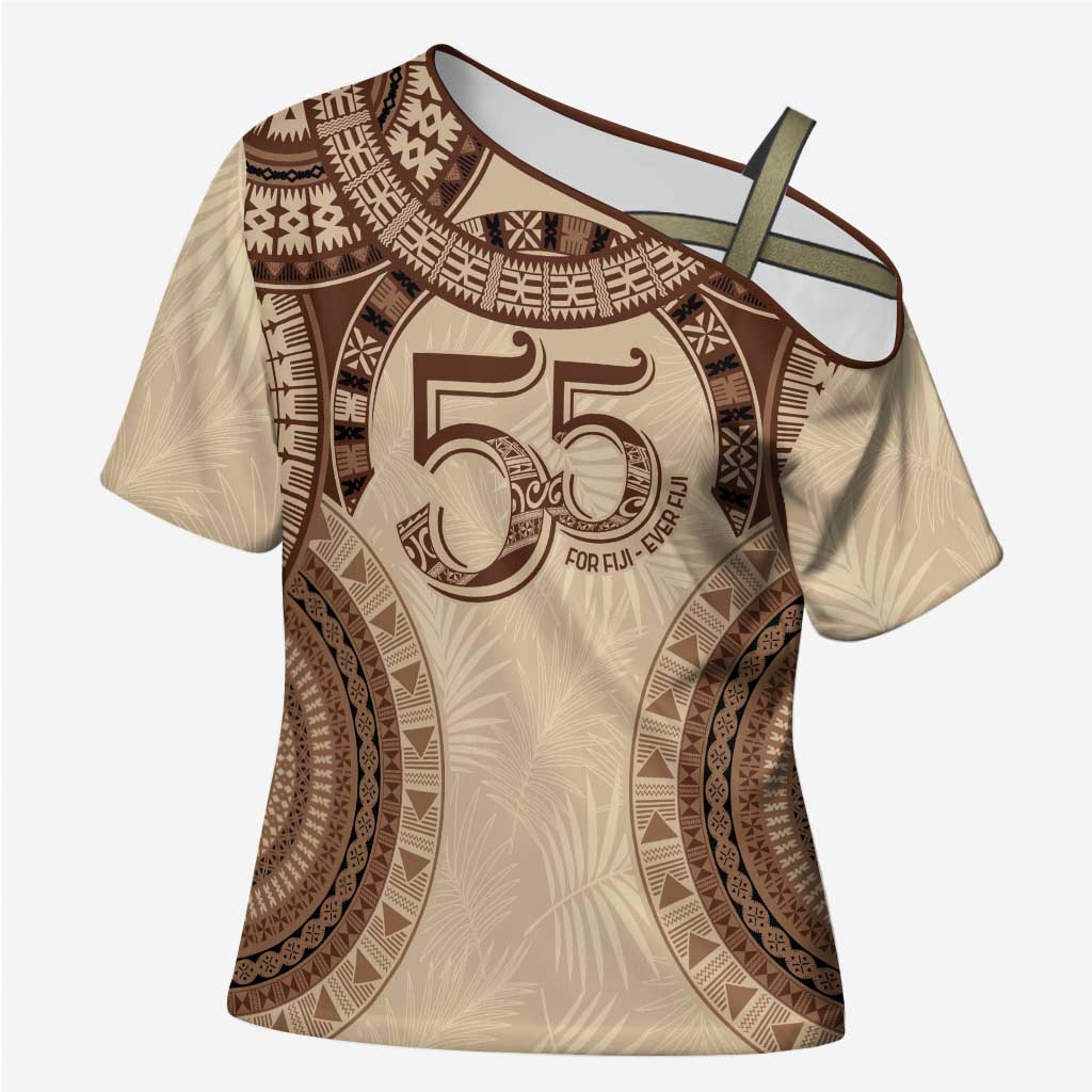 Bula Fiji Day 55th Anniversary Masi Tapa Cross Shoulder Shirt Emerald Jubilee - Beige - Polynesian Pride