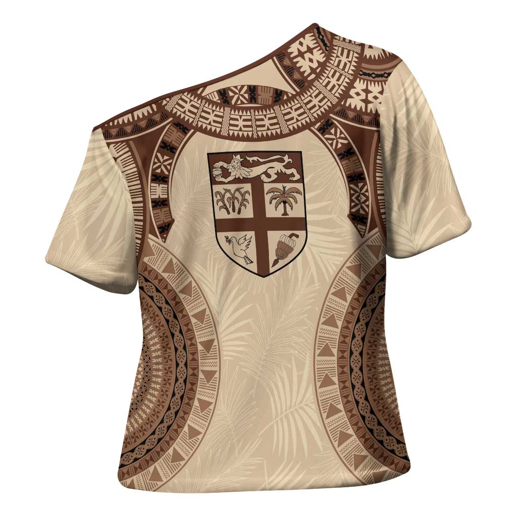 Bula Fiji Day 55th Anniversary Masi Tapa Cross Shoulder Shirt Emerald Jubilee - Beige - Polynesian Pride