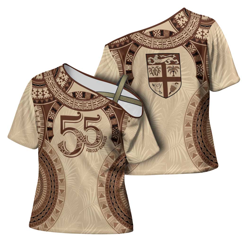Bula Fiji Day 55th Anniversary Masi Tapa Cross Shoulder Shirt Emerald Jubilee - Beige - Polynesian Pride