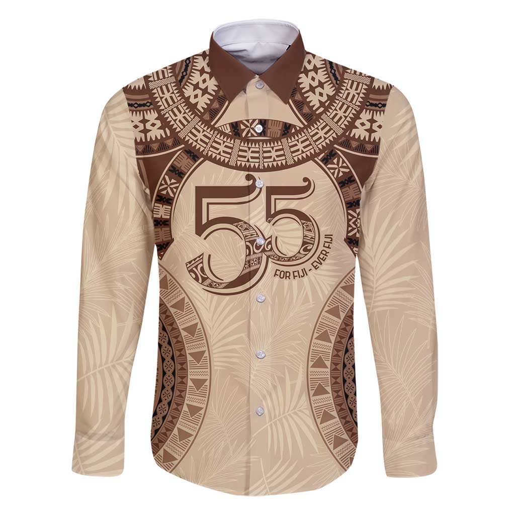 Bula Fiji Day 55th Anniversary Masi Tapa Family Matching Off Shoulder Maxi Dress and Hawaiian Shirt Emerald Jubilee - Beige - Polynesian Pride