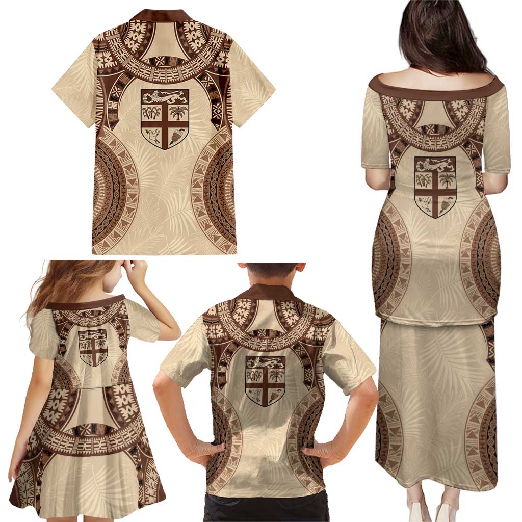 Bula Fiji Day 55th Anniversary Masi Tapa Family Matching Puletasi and Hawaiian Shirt Emerald Jubilee - Beige - Polynesian Pride