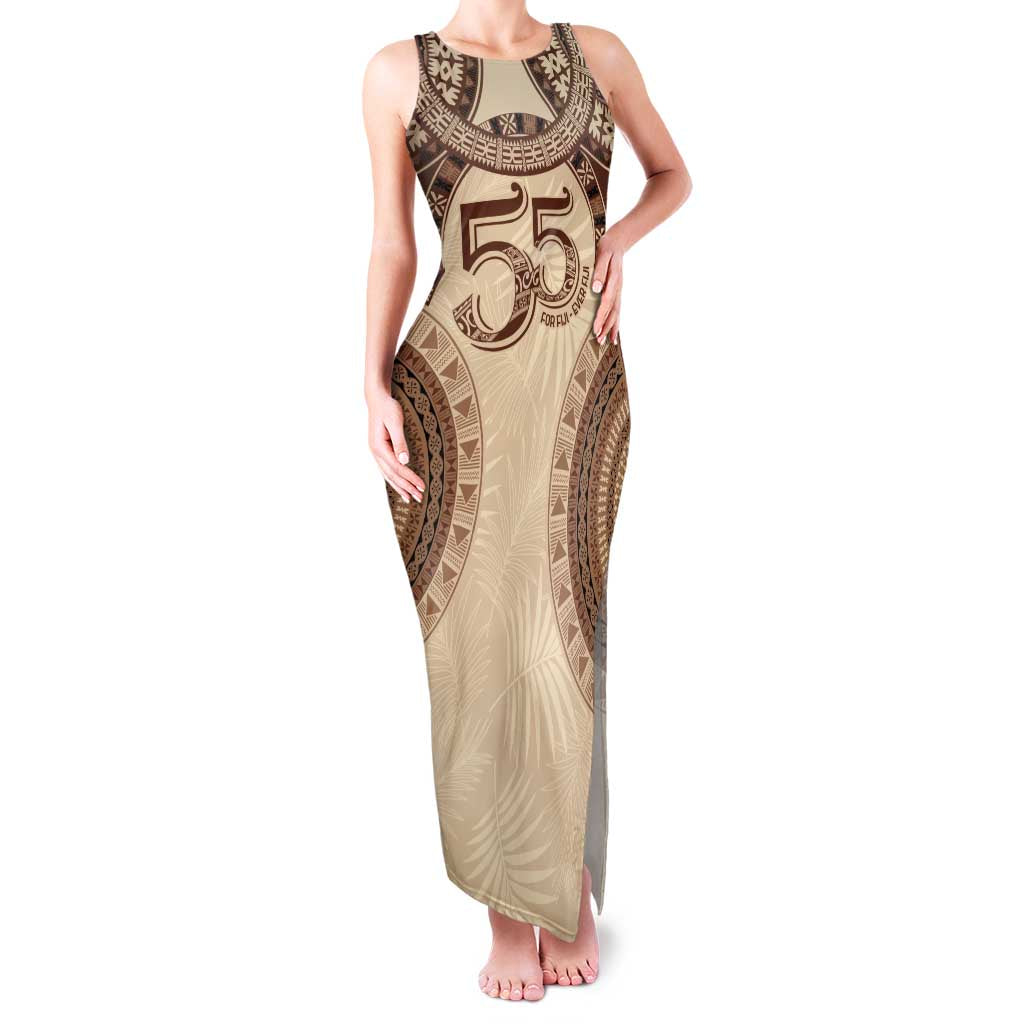 Bula Fiji Day 55th Anniversary Masi Tapa Family Matching Tank Maxi Dress and Hawaiian Shirt Emerald Jubilee - Beige - Polynesian Pride