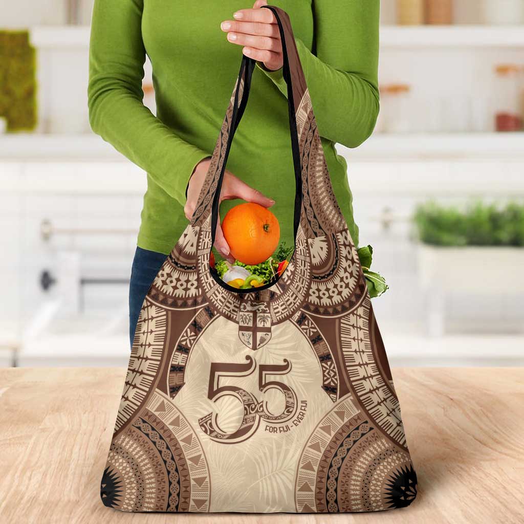 Bula Fiji Day 55th Anniversary Masi Tapa Grocery Bag Emerald Jubilee - Beige - Polynesian Pride