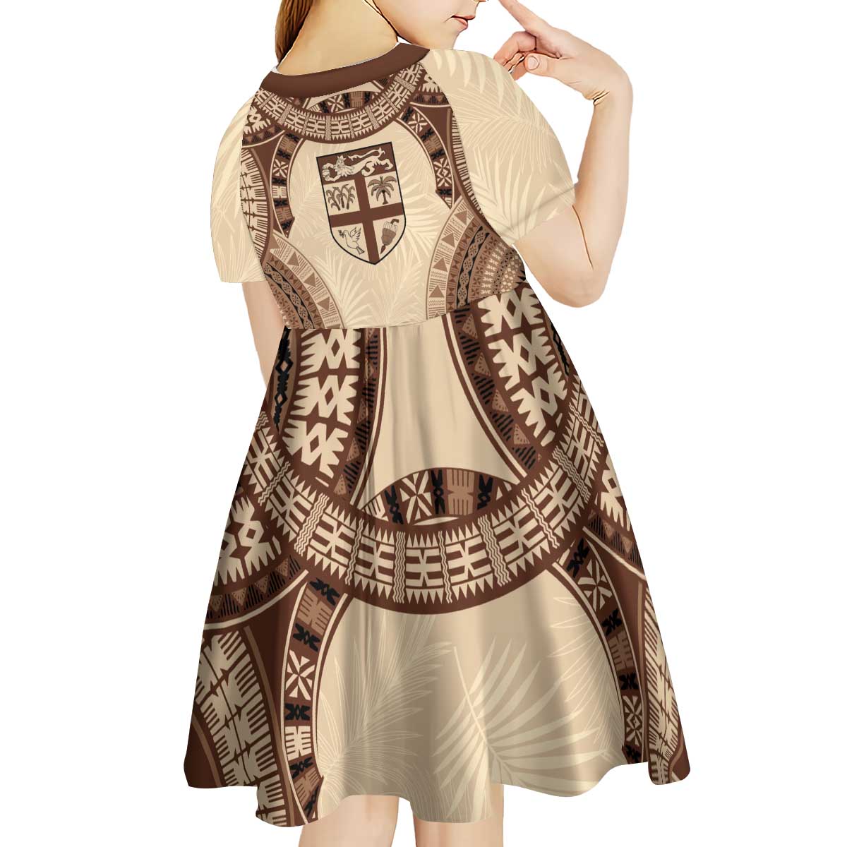 Bula Fiji Day 55th Anniversary Masi Tapa Kid Short Sleeve Dress Emerald Jubilee - Beige - Polynesian Pride