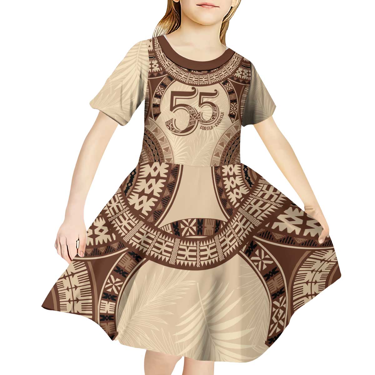 Bula Fiji Day 55th Anniversary Masi Tapa Kid Short Sleeve Dress Emerald Jubilee - Beige - Polynesian Pride