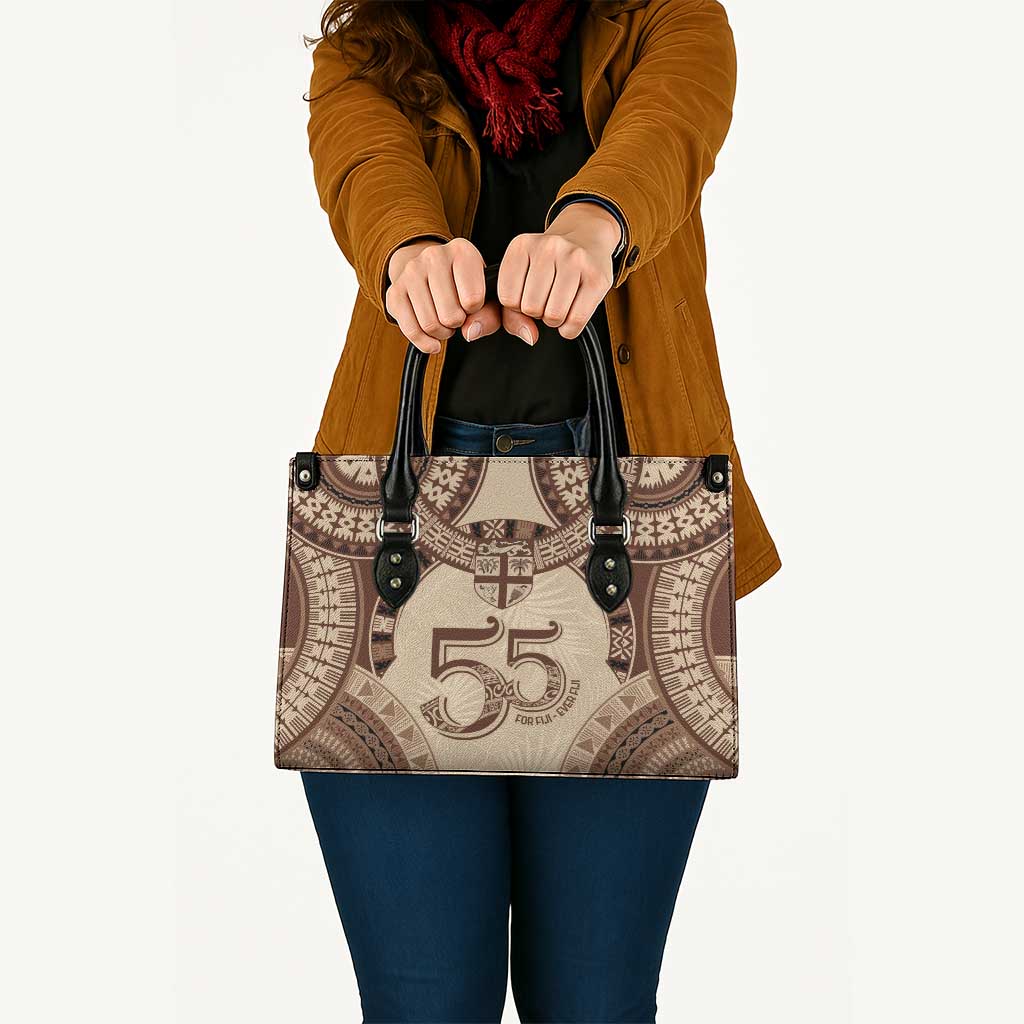 Bula Fiji Day 55th Anniversary Masi Tapa Leather Bag Emerald Jubilee - Beige - Polynesian Pride