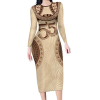 Bula Fiji Day 55th Anniversary Masi Tapa Long Sleeve Bodycon Dress Emerald Jubilee - Beige - Polynesian Pride