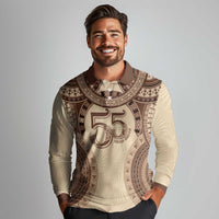 Bula Fiji Day 55th Anniversary Masi Tapa Long Sleeve Polo Shirt Emerald Jubilee - Beige - Polynesian Pride