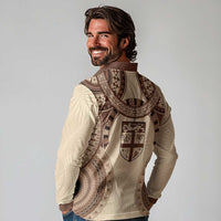 Bula Fiji Day 55th Anniversary Masi Tapa Long Sleeve Polo Shirt Emerald Jubilee - Beige - Polynesian Pride