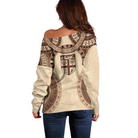 Bula Fiji Day 55th Anniversary Masi Tapa Off Shoulder Sweater Emerald Jubilee - Beige - Polynesian Pride