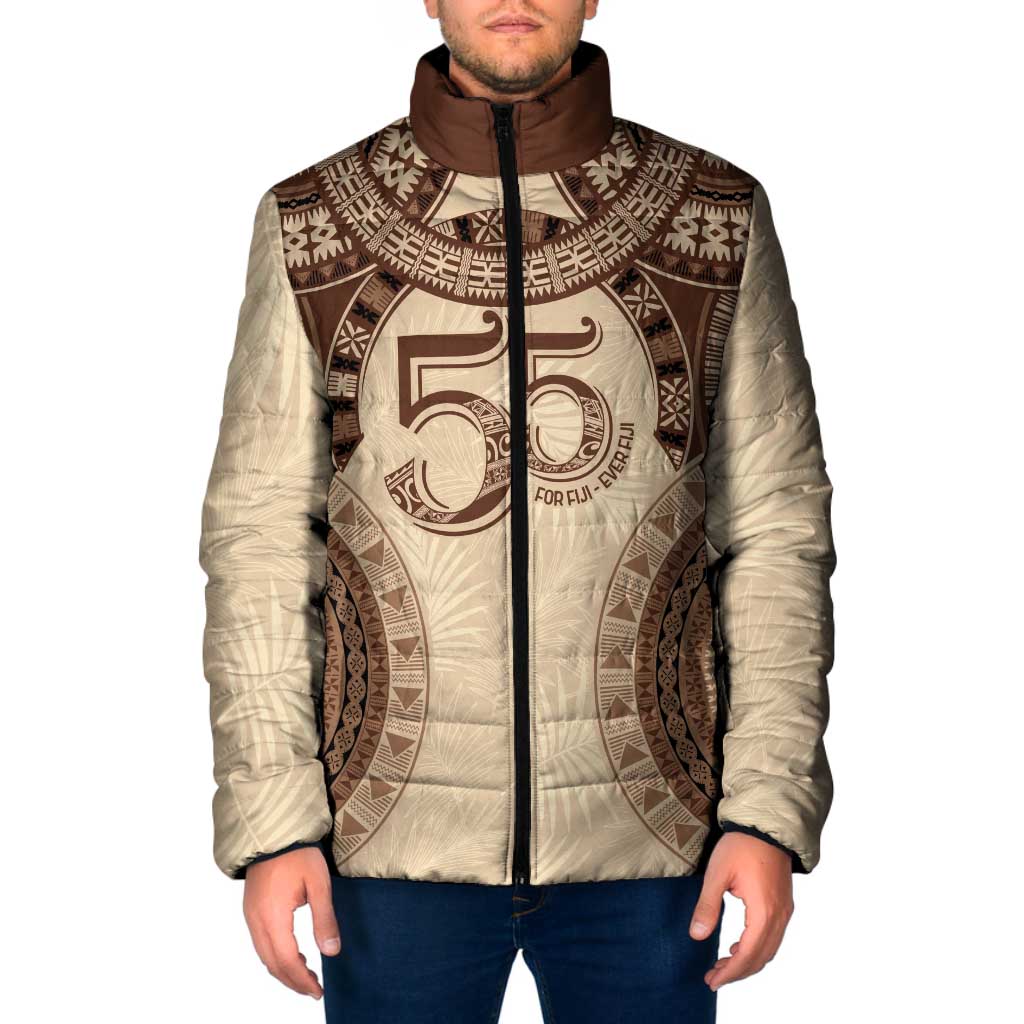 Bula Fiji Day 55th Anniversary Masi Tapa Padded Jacket Emerald Jubilee - Beige - Polynesian Pride