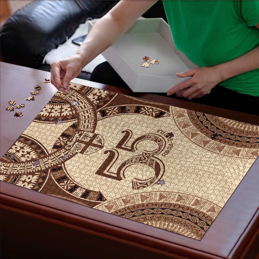 Bula Fiji Day 55th Anniversary Masi Tapa Puzzle Emerald Jubilee - Beige - Polynesian Pride