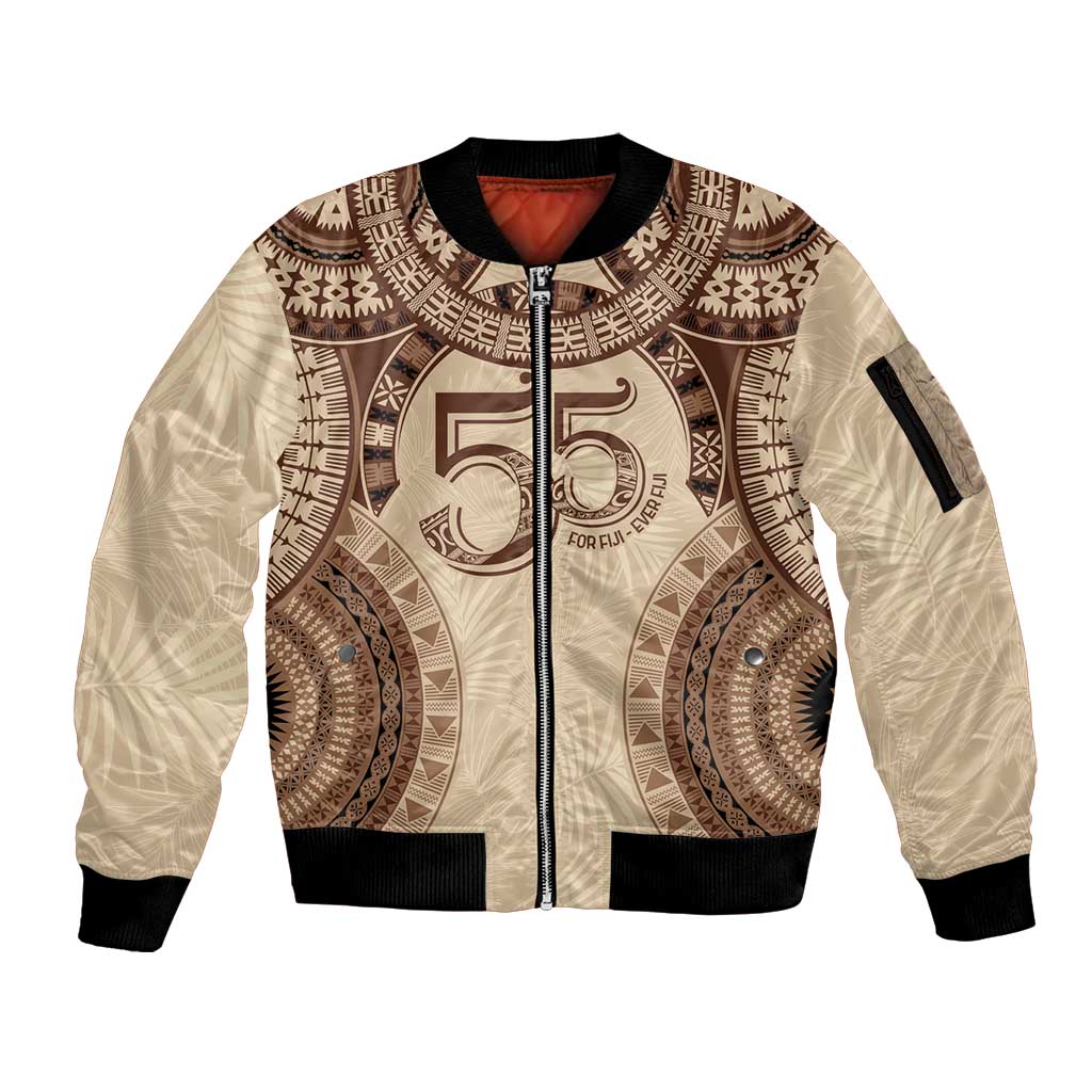 Bula Fiji Day 55th Anniversary Masi Tapa Sleeve Zip Bomber Jacket Emerald Jubilee - Beige - Polynesian Pride