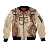Bula Fiji Day 55th Anniversary Masi Tapa Sleeve Zip Bomber Jacket Emerald Jubilee - Beige LT7 Unisex Beige - Polynesian Pride