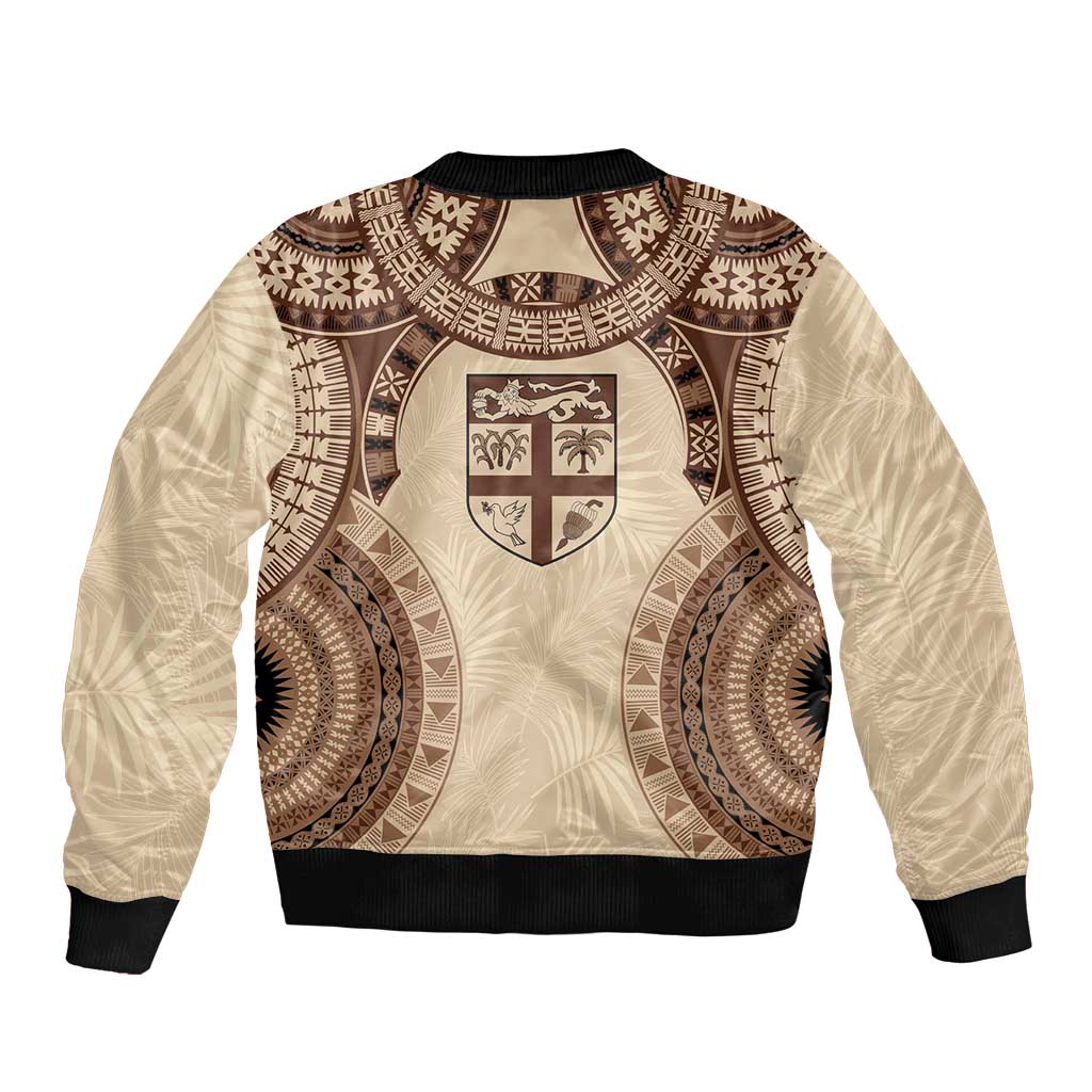 Bula Fiji Day 55th Anniversary Masi Tapa Sleeve Zip Bomber Jacket Emerald Jubilee - Beige LT7 - Polynesian Pride