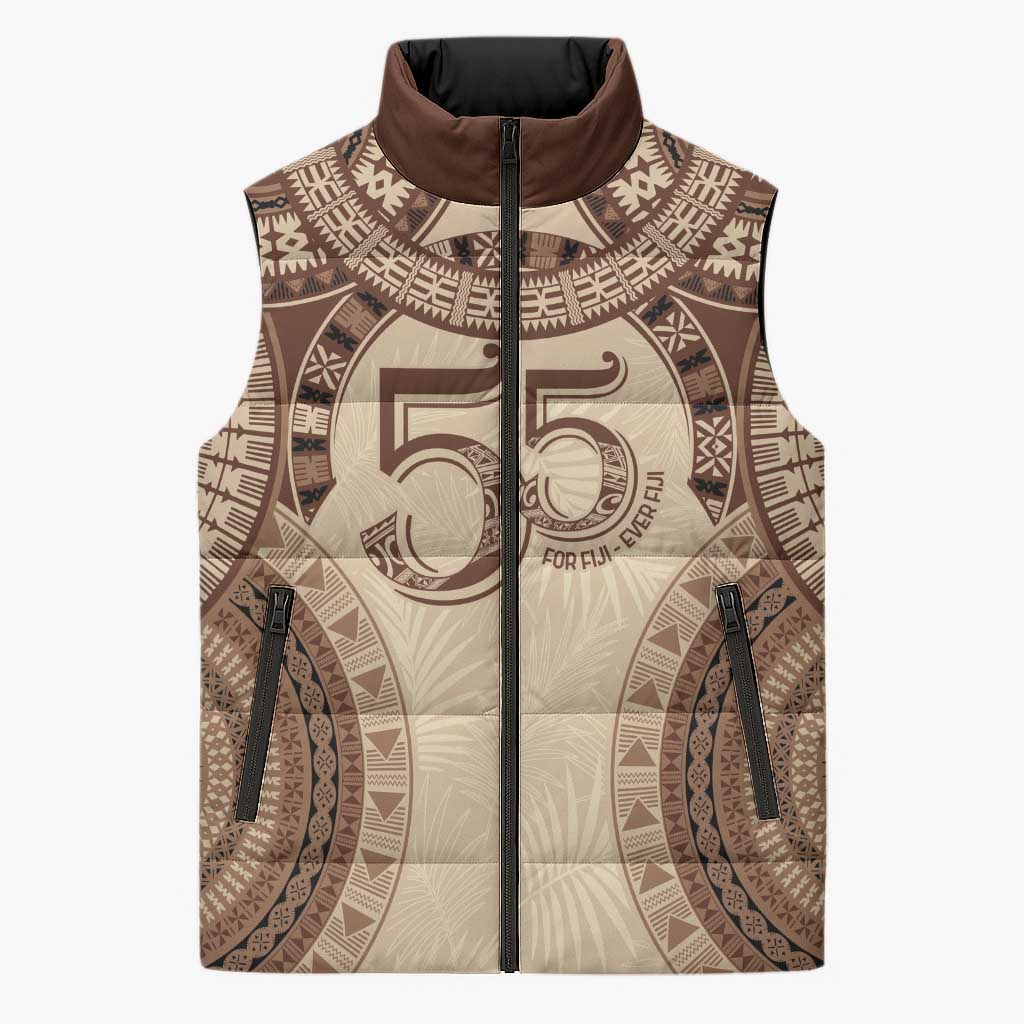 Bula Fiji Day 55th Anniversary Masi Tapa Sleeveless Puffer Jacket Emerald Jubilee - Beige - Polynesian Pride