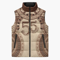 Bula Fiji Day 55th Anniversary Masi Tapa Sleeveless Puffer Jacket Emerald Jubilee - Beige - Polynesian Pride