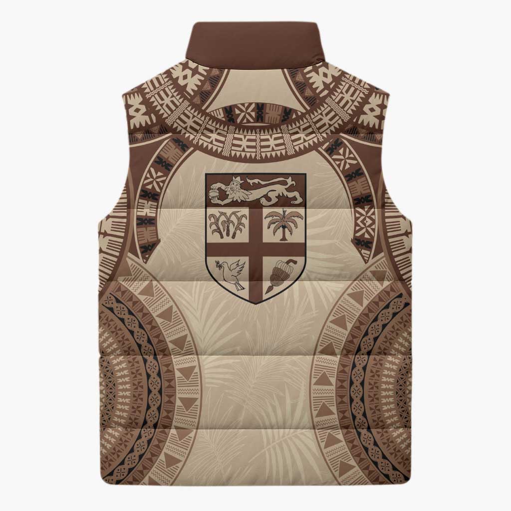 Bula Fiji Day 55th Anniversary Masi Tapa Sleeveless Puffer Jacket Emerald Jubilee - Beige - Polynesian Pride