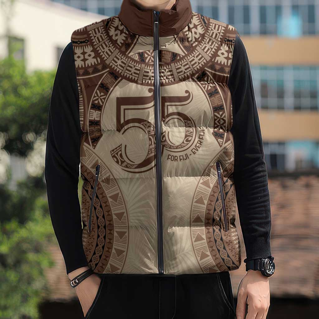 Bula Fiji Day 55th Anniversary Masi Tapa Sleeveless Puffer Jacket Emerald Jubilee - Beige - Polynesian Pride