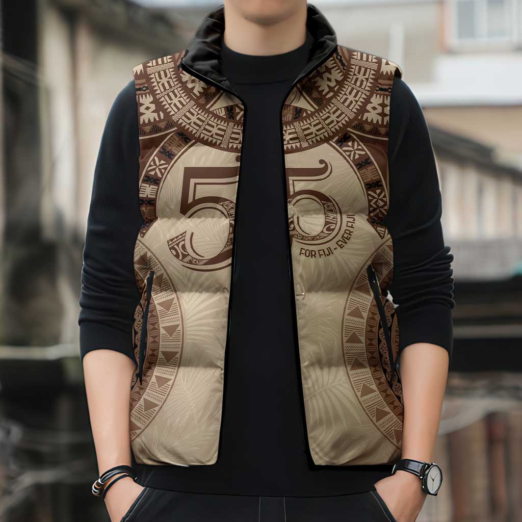 Bula Fiji Day 55th Anniversary Masi Tapa Sleeveless Puffer Jacket Emerald Jubilee - Beige - Polynesian Pride
