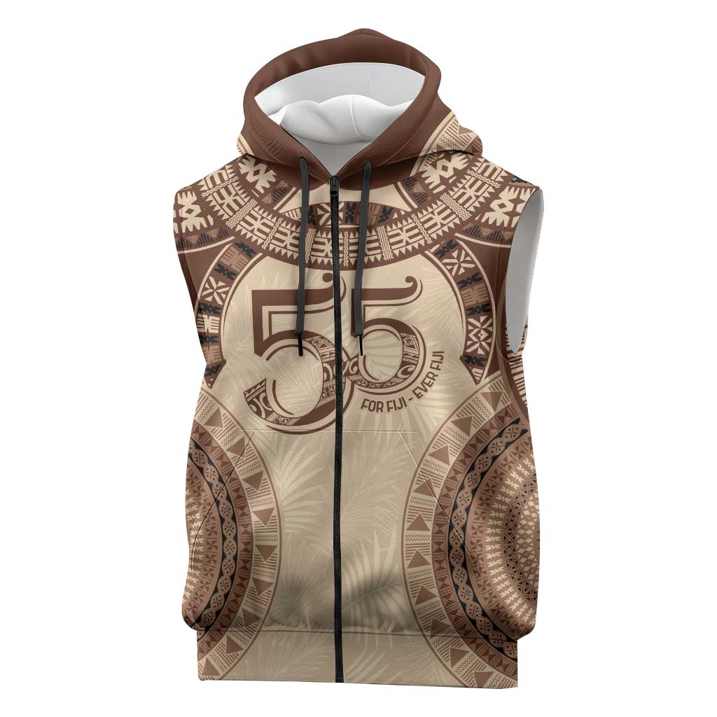 Bula Fiji Day 55th Anniversary Masi Tapa Sleeveless Zip Hoodie Emerald Jubilee - Beige LT7 Beige - Polynesian Pride