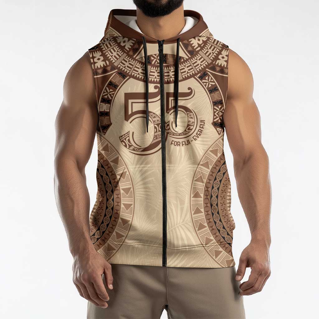 Bula Fiji Day 55th Anniversary Masi Tapa Sleeveless Zip Hoodie Emerald Jubilee - Beige LT7 - Polynesian Pride