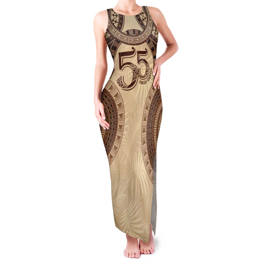 Bula Fiji Day 55th Anniversary Masi Tapa Tank Maxi Dress Emerald Jubilee - Beige - Polynesian Pride