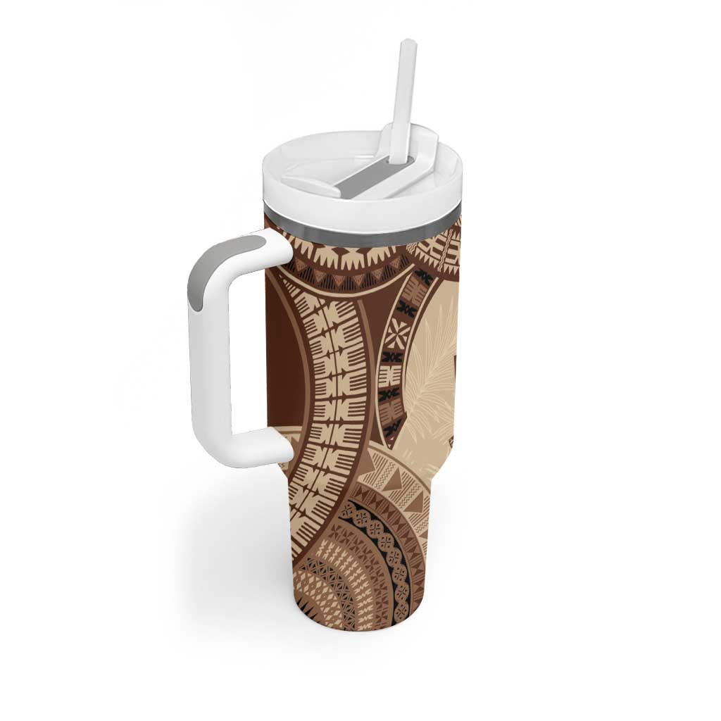 Bula Fiji Day 55th Anniversary Masi Tapa Tumbler With Handle Emerald Jubilee - Beige LT7 - Polynesian Pride