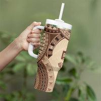 Bula Fiji Day 55th Anniversary Masi Tapa Tumbler With Handle Emerald Jubilee - Beige LT7 - Polynesian Pride
