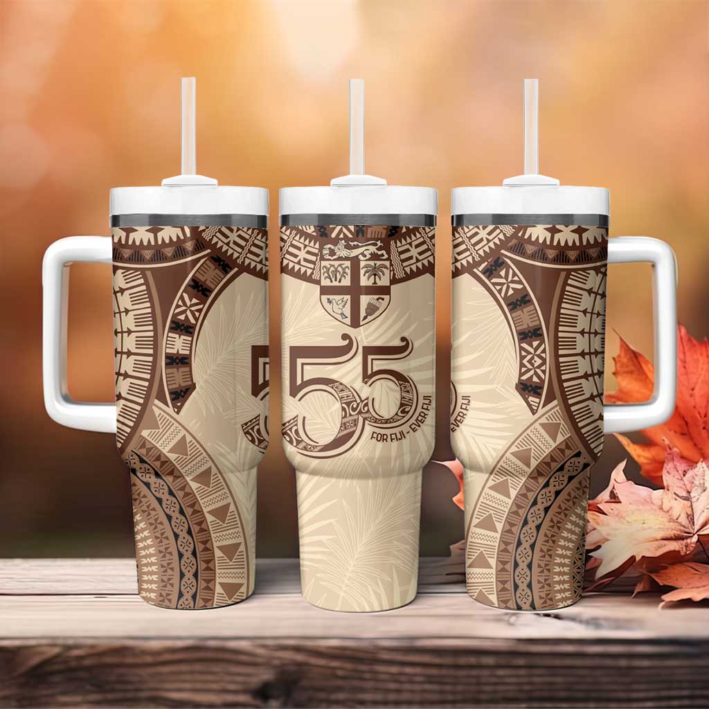 Bula Fiji Day 55th Anniversary Masi Tapa Tumbler With Handle Emerald Jubilee - Beige LT7 - Polynesian Pride