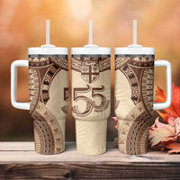 Bula Fiji Day 55th Anniversary Masi Tapa Tumbler With Handle Emerald Jubilee - Beige LT7 - Polynesian Pride