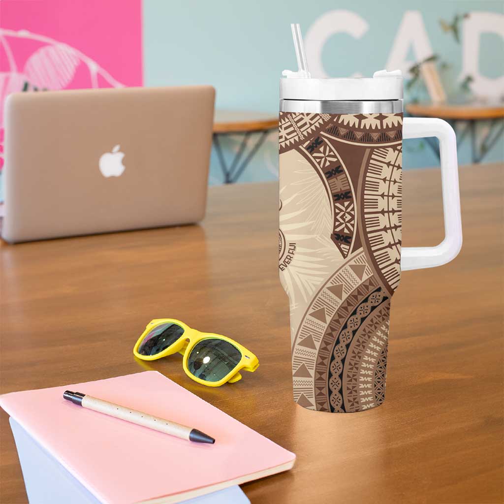 Bula Fiji Day 55th Anniversary Masi Tapa Tumbler With Handle Emerald Jubilee - Beige LT7 - Polynesian Pride