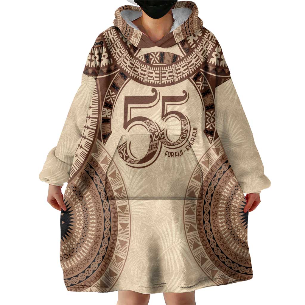 Bula Fiji Day 55th Anniversary Masi Tapa Wearable Blanket Hoodie Emerald Jubilee - Beige LT7 - Polynesian Pride