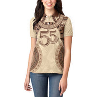 Bula Fiji Day 55th Anniversary Masi Tapa Women Polo Shirt Emerald Jubilee - Beige - Polynesian Pride