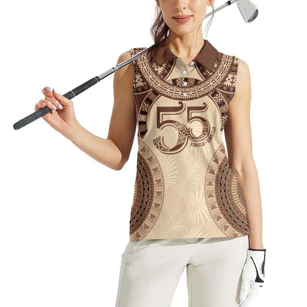 Bula Fiji Day 55th Anniversary Masi Tapa Women Sleeveless Polo Shirt Emerald Jubilee - Beige - Polynesian Pride