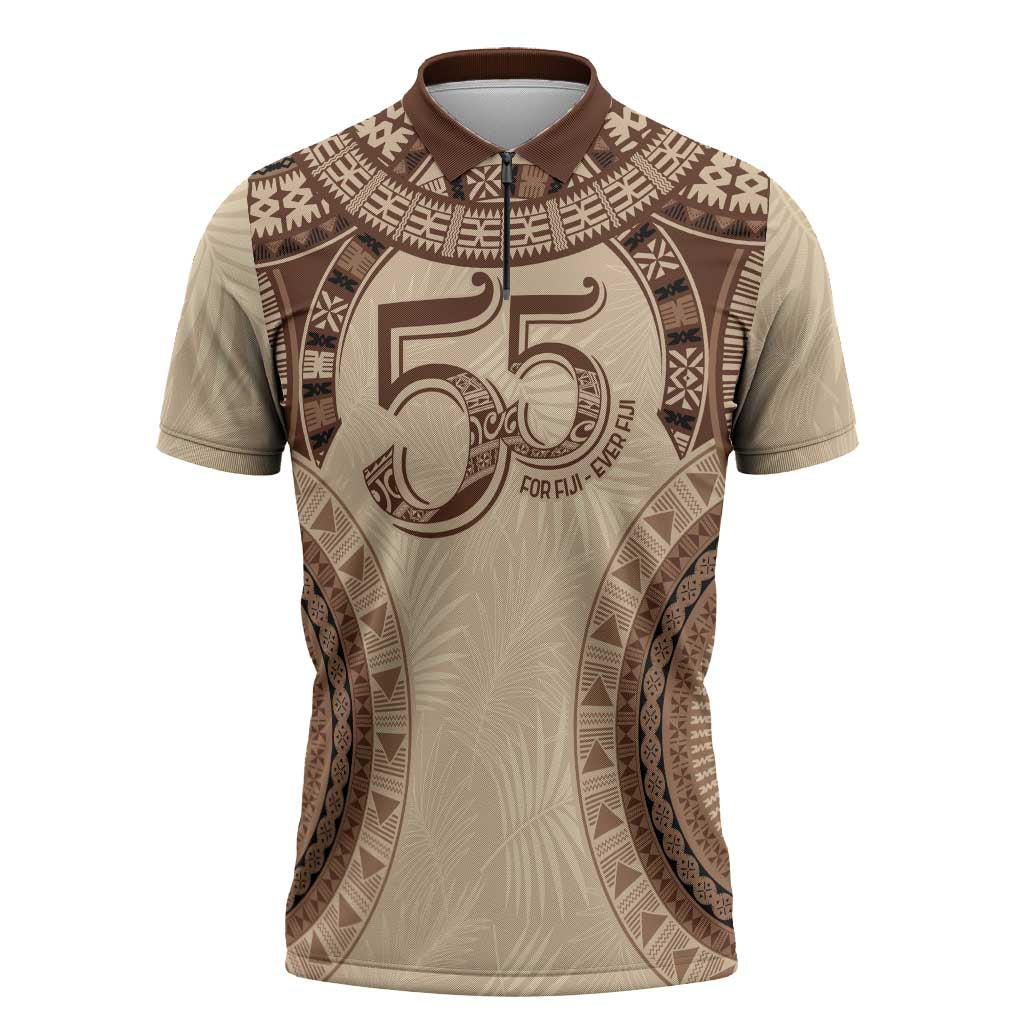 Bula Fiji Day 55th Anniversary Masi Tapa Zipper Polo Shirt Emerald Jubilee - Beige - Polynesian Pride