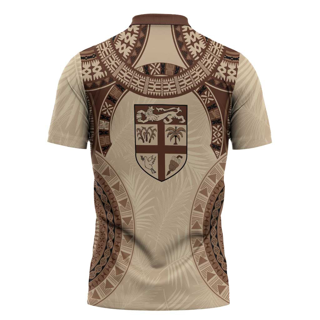 Bula Fiji Day 55th Anniversary Masi Tapa Zipper Polo Shirt Emerald Jubilee - Beige - Polynesian Pride