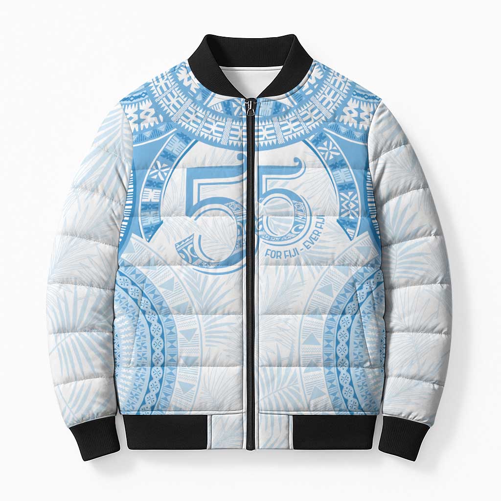 Bula Fiji Day 55th Anniversary Masi Tapa Bomber Puffer Jacket Emerald Jubilee - Turquoise - Polynesian Pride