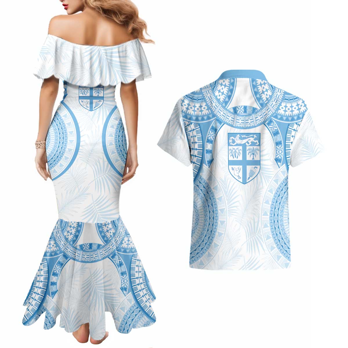 Bula Fiji Day 55th Anniversary Masi Tapa Couples Matching Mermaid Dress and Hawaiian Shirt Emerald Jubilee - Turquoise - Polynesian Pride