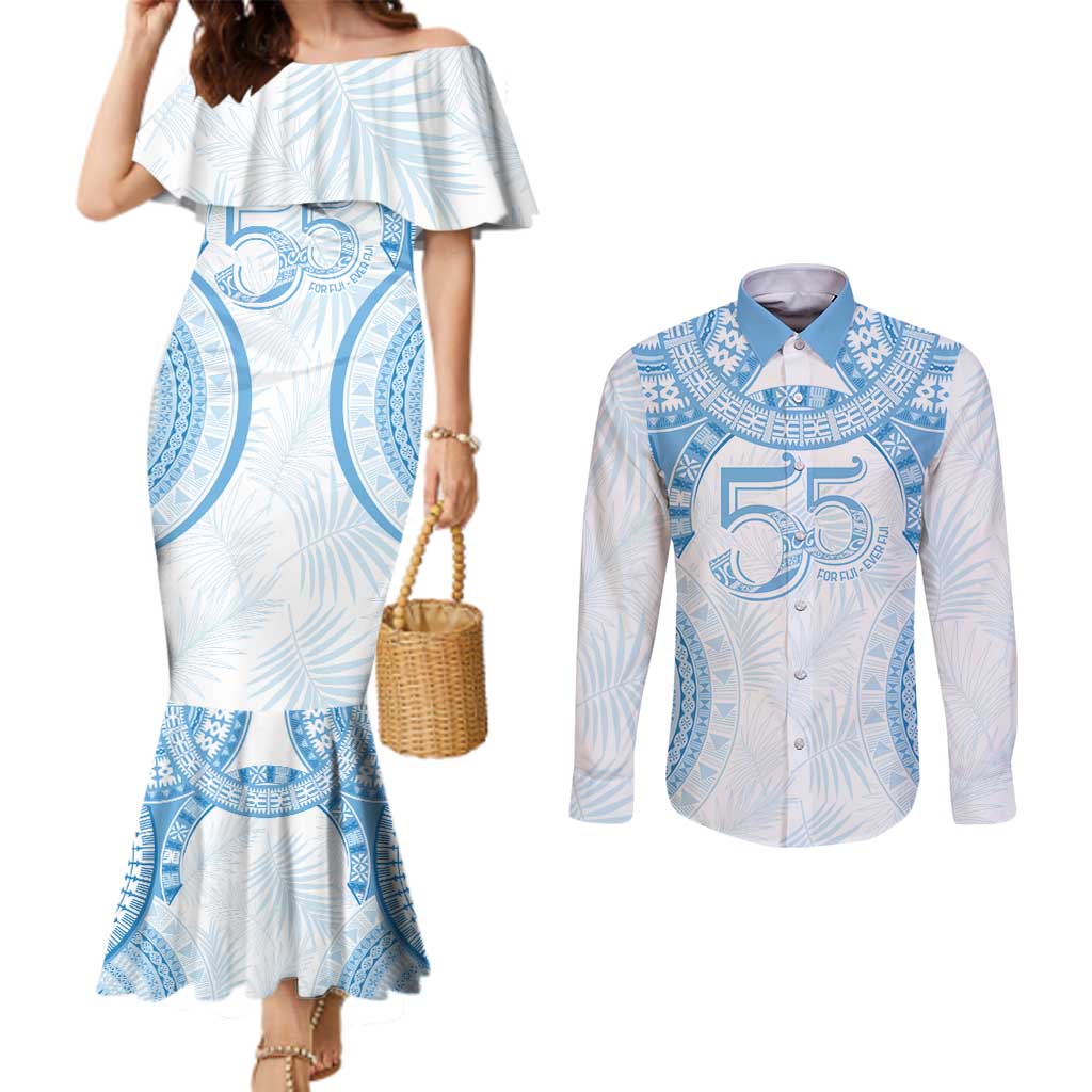 Bula Fiji Day 55th Anniversary Masi Tapa Couples Matching Mermaid Dress and Long Sleeve Button Shirt Emerald Jubilee - Turquoise - Polynesian Pride