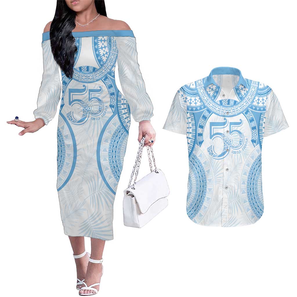 Bula Fiji Day 55th Anniversary Masi Tapa Couples Matching Off The Shoulder Long Sleeve Dress and Hawaiian Shirt Emerald Jubilee - Turquoise - Polynesian Pride