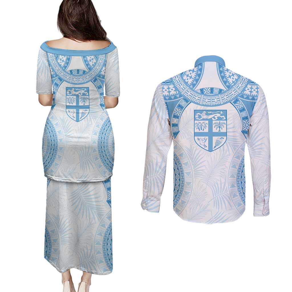 Bula Fiji Day 55th Anniversary Masi Tapa Couples Matching Puletasi and Long Sleeve Button Shirt Emerald Jubilee - Turquoise - Polynesian Pride