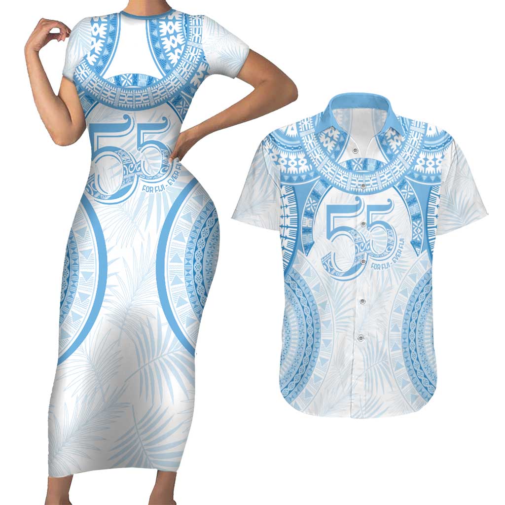 Bula Fiji Day 55th Anniversary Masi Tapa Couples Matching Short Sleeve Bodycon Dress and Hawaiian Shirt Emerald Jubilee - Turquoise - Polynesian Pride