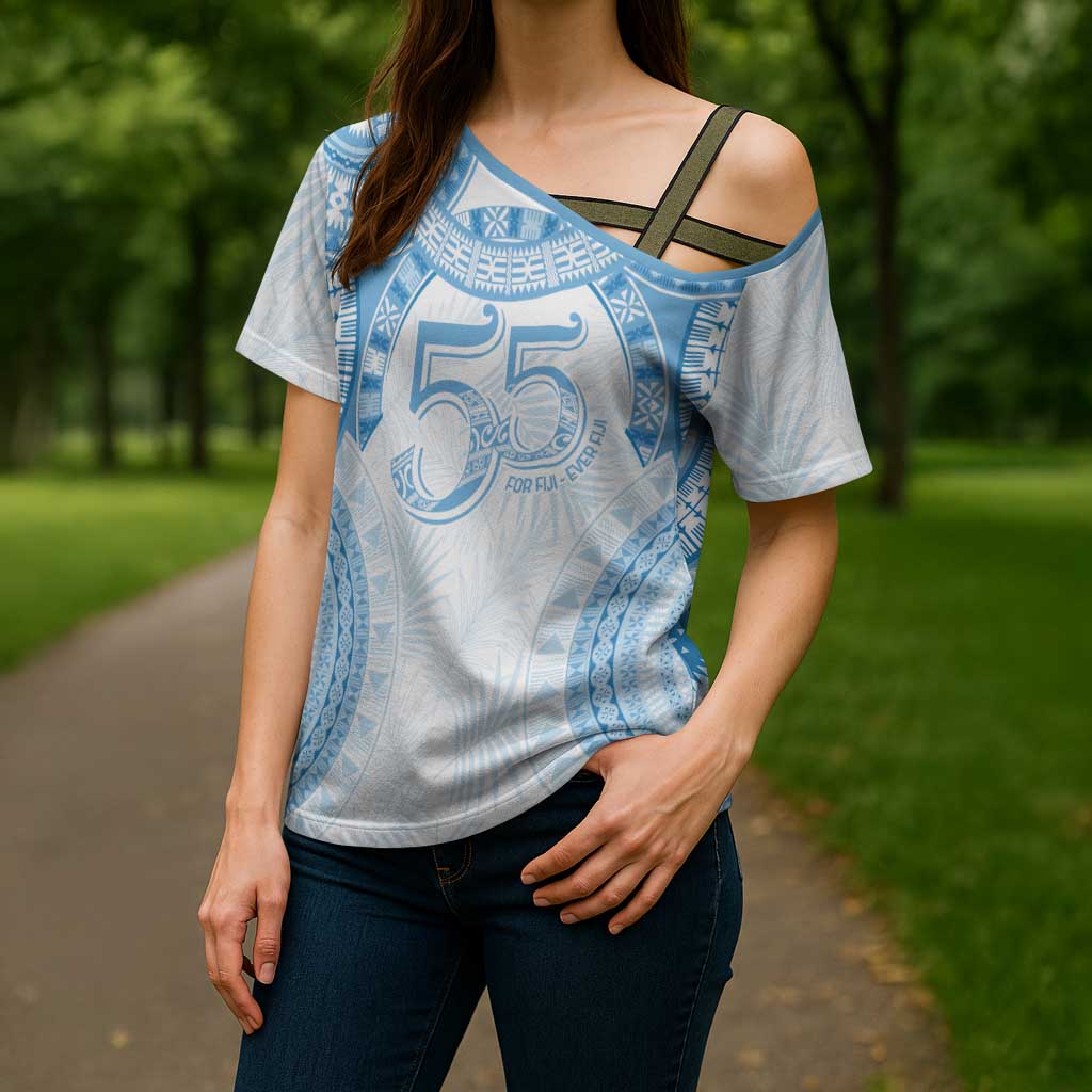 Bula Fiji Day 55th Anniversary Masi Tapa Cross Shoulder Shirt Emerald Jubilee - Turquoise - Polynesian Pride