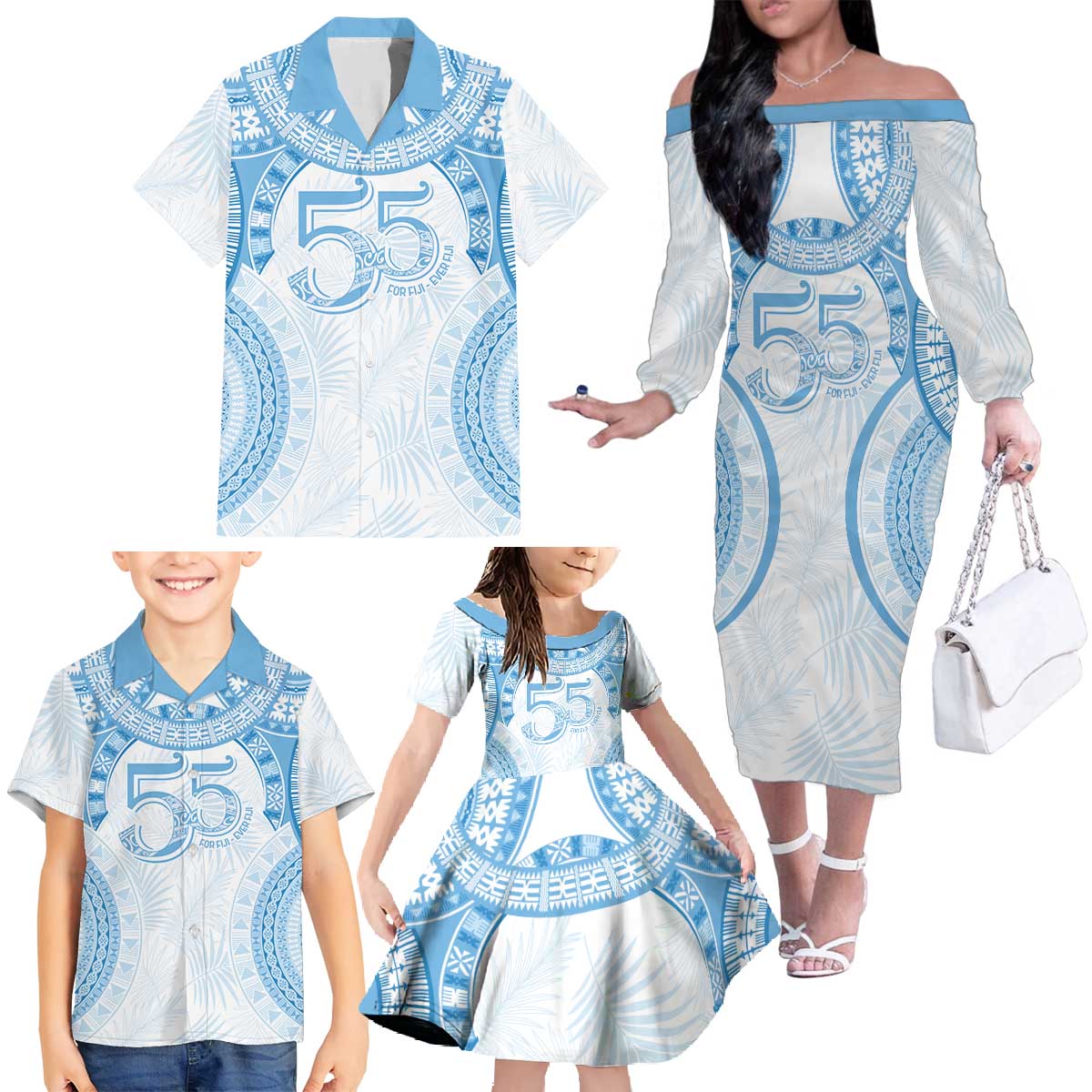 Bula Fiji Day 55th Anniversary Masi Tapa Family Matching Off The Shoulder Long Sleeve Dress and Hawaiian Shirt Emerald Jubilee - Turquoise - Polynesian Pride